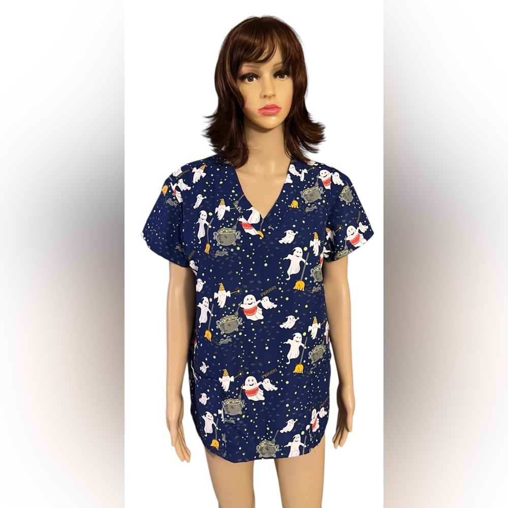 Women's Serene Uniform Scrub Top Blue Halloween-Fall Print